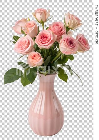 Pink roses in pink vase isolated on transparent background, fresh flowers bouquet, romantic floral arrangement, soft pastel tones 126688941