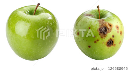 Fresh and spoiled green apples comparison isolated on transparent background, healthy vs moldy food concept, diet and waste Fresh and spoiled green apples comparison isolated on transparent background, healthy vs moldy food concept, diet and waste 126688946