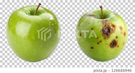 Fresh and spoiled green apples comparison isolated on transparent background, healthy vs moldy food concept, diet and waste 126688946
