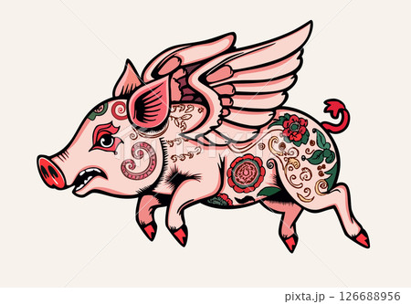 Winged piglet. Flying pig. Tattoo style. Vector isolated illustration Winged piglet. Flying pig. Tattoo style. Vector isolated illustration 126688956