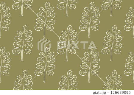 Simple seamless autumn pattern with acacia leaves in line art style. Design for textile, fabric, wallpaper, print, gift wrapping, postcard on green background. Simple seamless autumn pattern with acacia leaves in line art style. Design for textile, fabric, wallpaper, print, gift wrapping, postcard on green background. 126689096