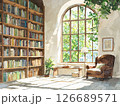 Sunny Library Nook with Armchair and Bookshelves. 126689571