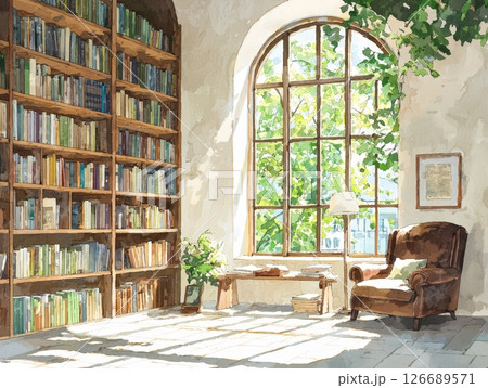Sunny Library Nook with Armchair and Bookshelves. Sunny Library Nook with Armchair and Bookshelves. 126689571