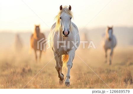 White Horse Running Through Field at Sunset White Horse Running Through Field at Sunset 126689579