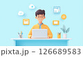 Young Man Working on Laptop at Desk (3D Render). 126689583