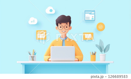 Young Man Working on Laptop at Desk (3D Render). 126689583