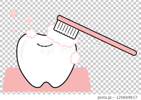 歯磨きのイラスト。歯ブラシで歯を磨いてキラキラ光るイメージ 126689617