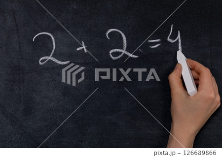 An Easy and Simple Arithmetic Problem Shown on a Classroom Chalkboard for Kids to Solve 126689866