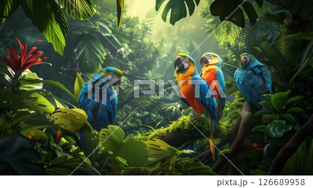 Tropical birds inhabit a vibrant rainforest, their songs echoing through dense emerald foliage. Nature's paradise! 126689958
