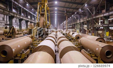 A vast paper mill processes and refines kilometers of paper rolls, ensuring high-quality output for various uses. 126689974