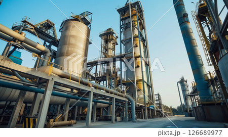 A sprawling fertilizer facility with towering silos, intricate pipes, and cutting-edge, eco-friendly technology. 126689977