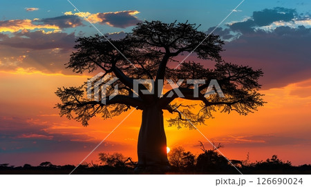 A striking silhouette of a baobab tree stands against a vibrant African sunset, outlined by glowing hues. 126690024