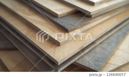 A stack of MDF boards of varying thicknesses is arranged in an abstract, visually appealing design. 126690057