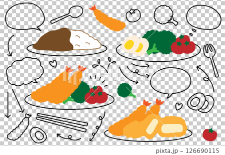 手描き風のかわいい料理と吹き出しと矢印のセット 126690115