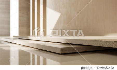 MDF board in modern furniture enhances sleek, minimalist decor with clean lines and versatile use. 126690218