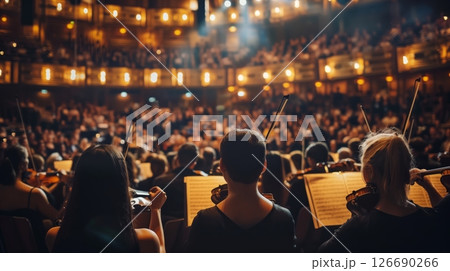 Applause fills the hall as musicians perform a passionate, captivating symphony, leaving the audience in awe. 126690266