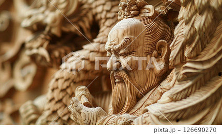 Wood-carving captivates by intricately depicting myths, legends, and cultural narratives. Wood-carving captivates by intricately depicting myths, legends, and cultural narratives. 126690270