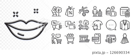 Dirty t-shirt, Lips and Wallet line icons for web app. Glare of light effect. Message icon. Pack of Shopping rating, Marketplace, Buyer think pictogram icons. Vector 126690334
