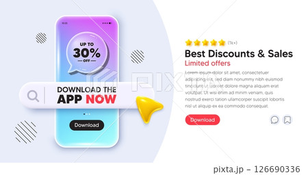 Discount tag mobile phone banner. App chat speech bubble. Up to 30 percent off sale. Discount offer price sign. Special offer symbol. Save 30 percentages. Phone template with search bar. Vector 126690336