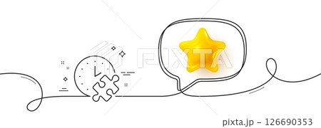 Puzzle time line icon. Continuous line with 3d star. Jigsaw piece with clock sign. Business challenge symbol. 3d star in speech bubble. Puzzle time single line ribbon. Loop curve pattern. Vector Puzzle time line icon. Continuous line with 3d star. Jigsaw piece with clock sign. Business challenge symbol. 3d star in speech bubble. Puzzle time single line ribbon. Loop curve pattern. Vector 126690353