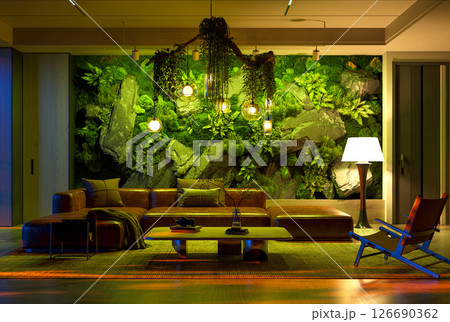 Dramatic Living Room with Moss Wall at Night 126690362