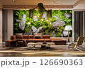 Living Room with Striking Moss & Rock Feature Wall 126690363