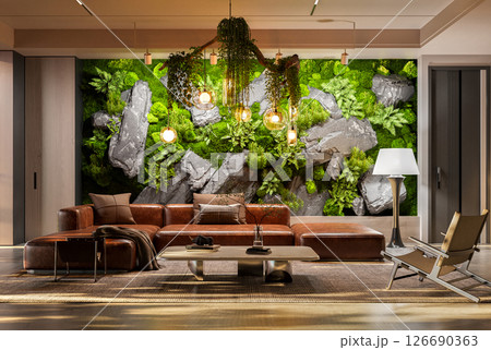 Living Room with Striking Moss & Rock Feature Wall Living Room with Striking Moss & Rock Feature Wall 126690363
