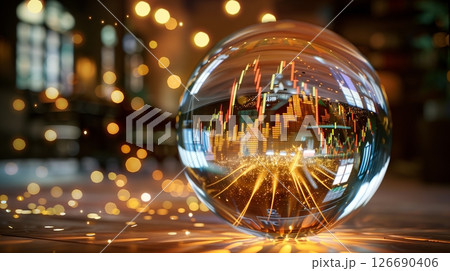 A crystal ball projects stock holograms as golden light streams representing dividends shoot out dynamically. 126690406