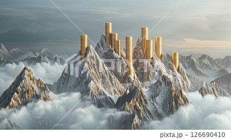 A majestic mountain range of gold coin peaks symbolizes the heights of effective dividend investing. 126690410