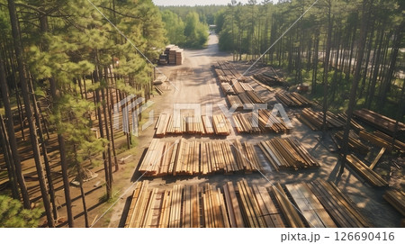 Aerial shot of 25 unedged boards drying in a sunny lumberyard, surrounded by tall pines. 126690416
