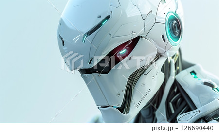 A futuristic robot with a sleek design and advanced tech embodies innovation and modern aesthetics. 126690440