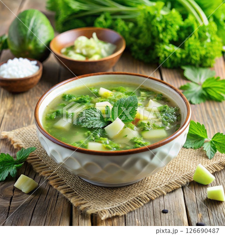 Bowl of Broccoli Soup on Wooden Table. Generative AI Bowl of Broccoli Soup on Wooden Table. Generative AI 126690487