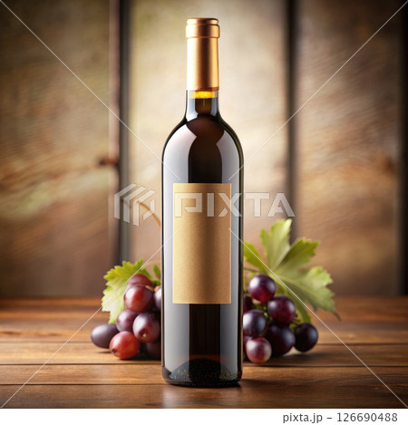 Bottle of Wine and Grapes on Table. Generative AI Bottle of Wine and Grapes on Table. Generative AI 126690488