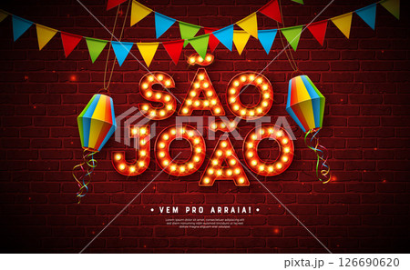 Festa Junina Illustration with Party Flags and Paper Lantern and Glowing Light Bulb Letter on Vintage Brick Wall Background. Vector Brazil June Sao Joao Festival Design with Typography for Banner 126690620
