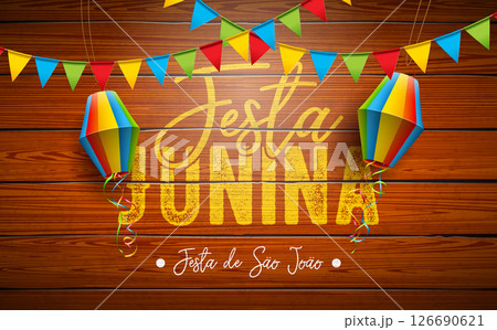 Festa Junina Banner Illustration with Party Flags, Paper Lantern and Light Bulb Billboard Letter on Blue Falling Confetti Background. Vector Brazil June Sao Joao Festival Design Template for Post Card 126690621