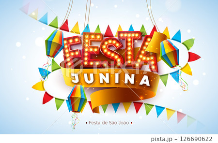 Festa Junina Illustration with Party Flags, Confetti and Light Bulb Billboard Letter on Yellow Background. Vector Brazil Sao Joao June Festival Design for Greeting Card, Banner or Holiday Poster. 126690622