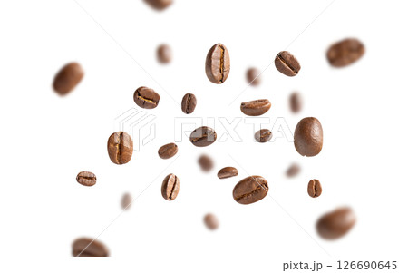 Coffee beans levitate. Roasted coffee beans flying on white background with clipping path. Close up image. 126690645