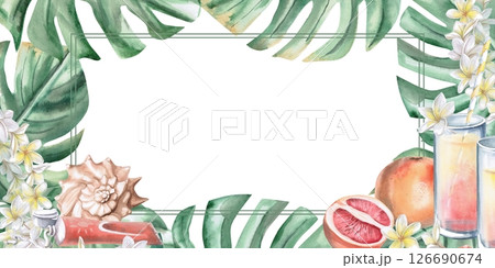 Rectangular frame with leaves, flowers, glasses with juice, shell and sunscreen. Isolated watercolor illustration on the theme of a beach party for decorating invitations, menus, posters. 126690674