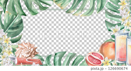 Rectangular frame with leaves, flowers, glasses with juice, shell and sunscreen. Isolated watercolor illustration on the theme of a beach party for decorating invitations, menus, posters. 126690674