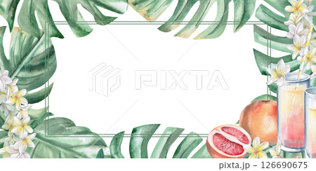Rectangular frame with large monstera leaves, plumeria and glasses with grapefruit juice. Isolated watercolor illustration on the theme of a beach party for decorating invitations, menus, posters. 126690675