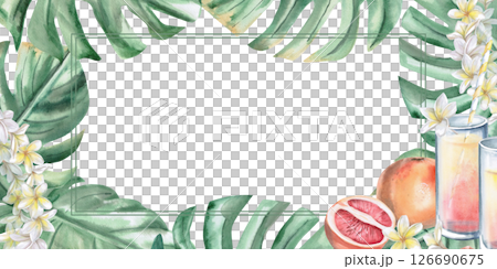 Rectangular frame with large monstera leaves, plumeria and glasses with grapefruit juice. Isolated watercolor illustration on the theme of a beach party for decorating invitations, menus, posters. 126690675