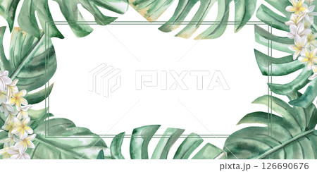 Rectangular frame with large monstera leaves and plumeria flowers. Isolated watercolor illustration on the theme of a beach party for decorating invitations, menus, posters. 126690676