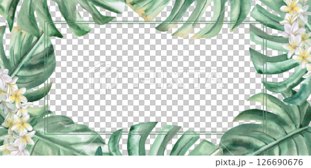 Rectangular frame with large monstera leaves and plumeria flowers. Isolated watercolor illustration on the theme of a beach party for decorating invitations, menus, posters. 126690676