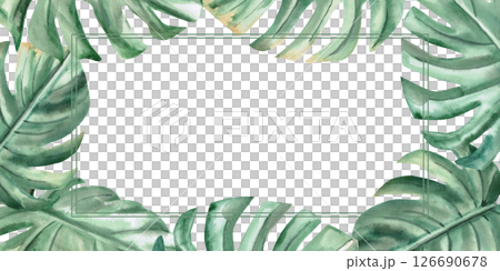 Rectangular frame with large monstera leaves. Isolated watercolor illustration on the theme of a beach party for decorating invitations, menus, posters. 126690678