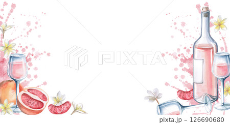 Rectangular frame with a bottle of wine, glasses, grapefruit on a splash background. Isolated watercolor illustration for restaurant menu design, interior, wedding cards, poster printing. 126690680