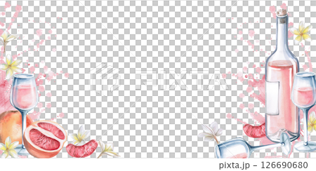 Rectangular frame with a bottle of wine, glasses, grapefruit on a splash background. Isolated watercolor illustration for restaurant menu design, interior, wedding cards, poster printing. 126690680
