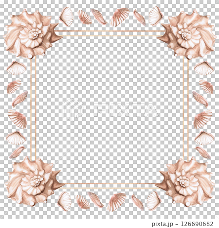 Square frame with various shells. Isolated watercolor illustration for restaurant menu design, interior, wedding cards, poster printing. 126690682