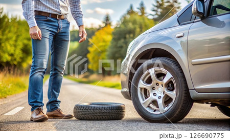 Man Standing Next to Car With a Flat Tire on Roadside. Generative AI 126690775
