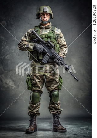 Military Soldier Holding Rifle. Generative AI 126690829