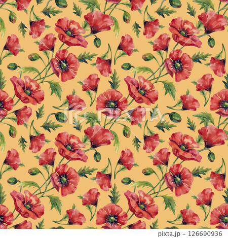 Elegant red poppies with buds on a background, seamless watercolor pattern. 126690936